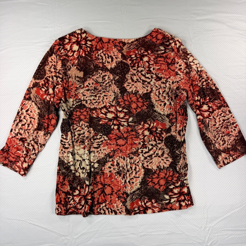 Chico's Travelers Womens Floral Top Size 3 XL 3/4 Sleeve Brown Coral Knit Blouse - Picture 8 of 9